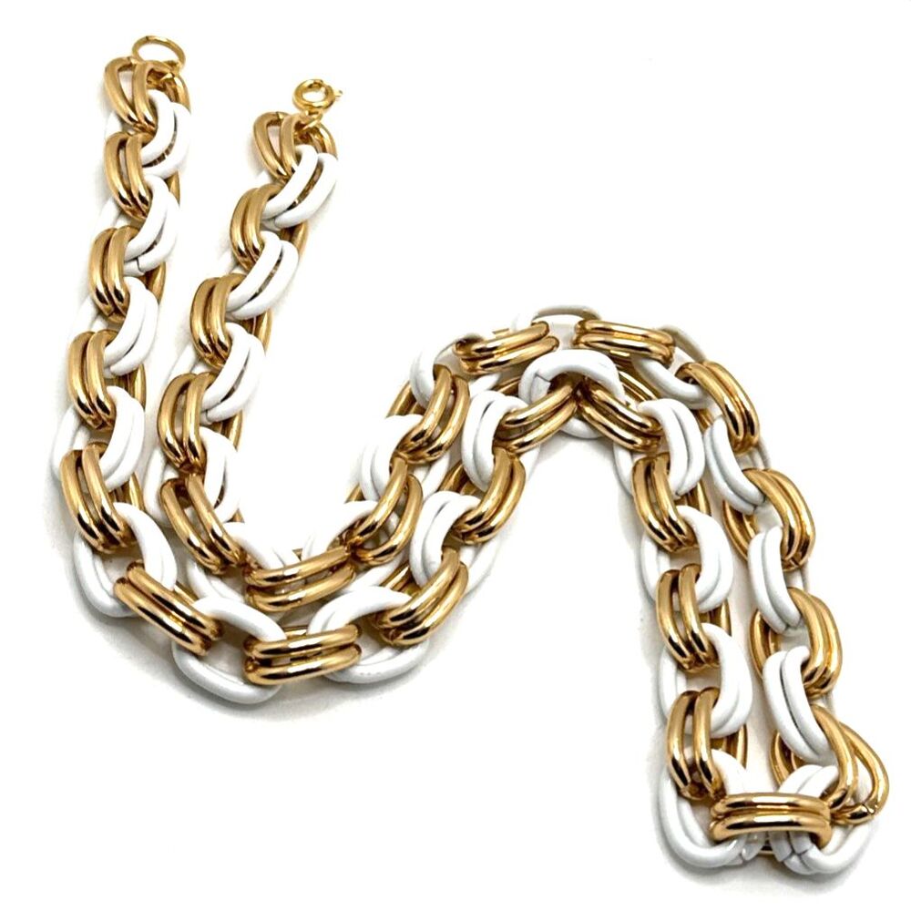 Vintage Gold & White Tone Double Link Chain Necklace Chunky Statement 24"